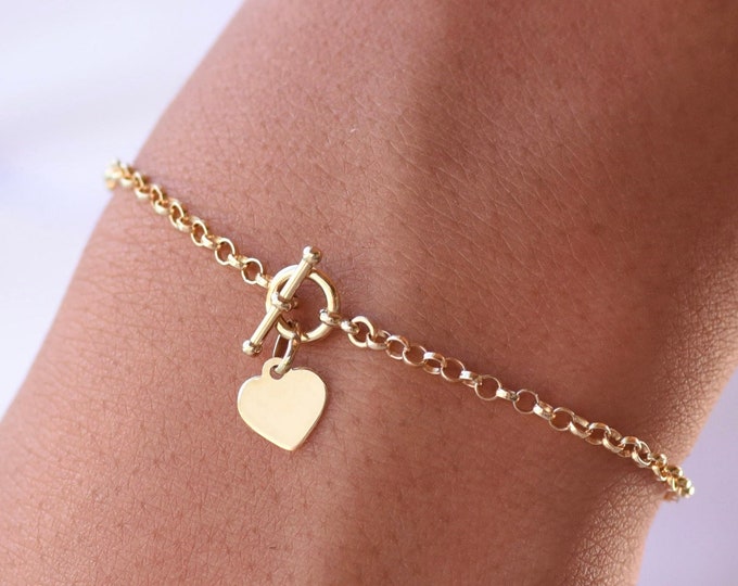 14K Gold Heart Toggle Bracelet. 14K Gold Rolo Chain Bracelet