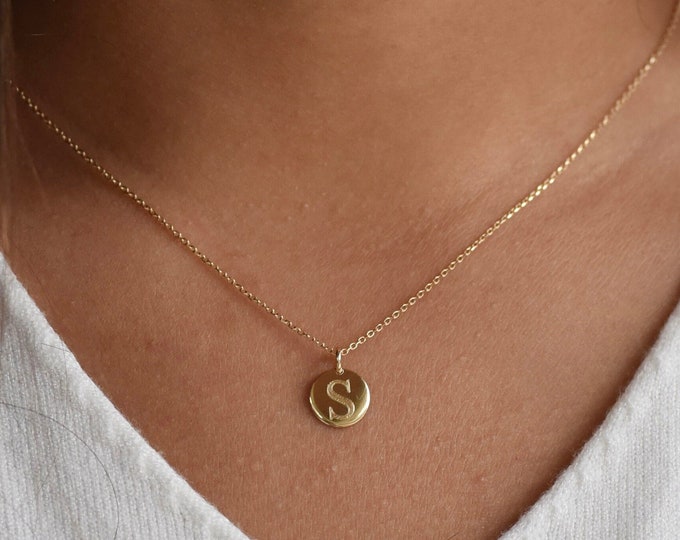 14k Gold Initial Necklace. 14k gold small disc necklace