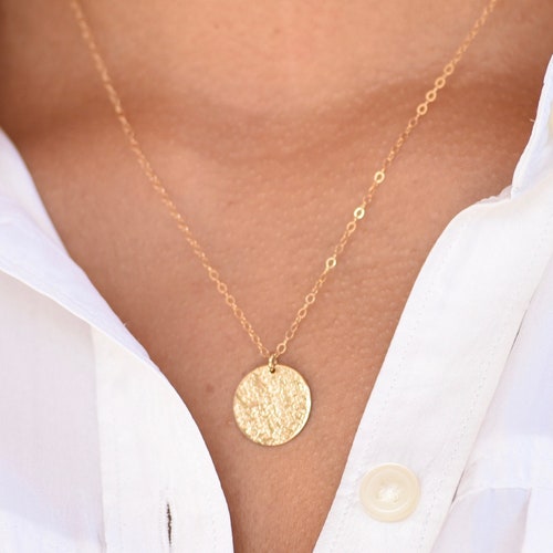 14k Solid Gold Coin Necklace Hammered Gold Disc Necklace Etsy