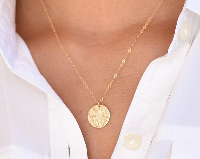 14k Solid Gold Coin Necklace - Hammered gold disc necklace