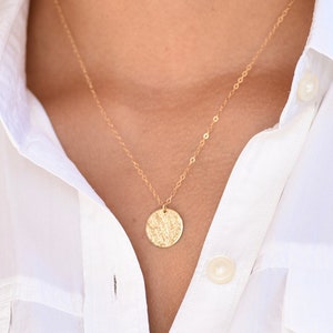 14k Solid Gold Coin Necklace - Hammered gold disc necklace