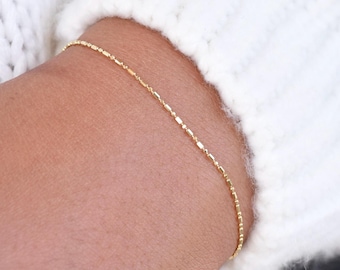 14K Gold 0.9mm Alternating Cylinder and Round Bead Chain Bracelet