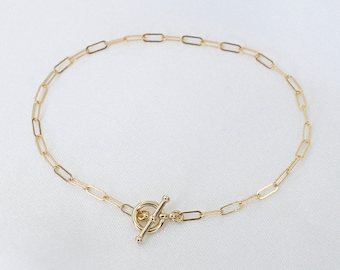 14K Gold Toggle Bracelet - Gold Paper Clip Chain Bracelet