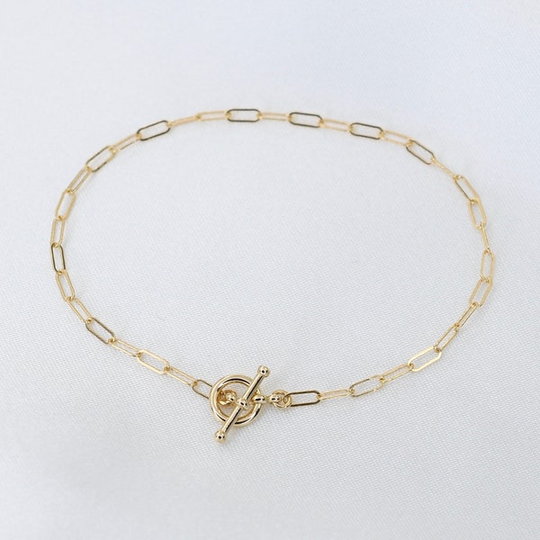 14K Gold Toggle Bracelet - Gold Paper Clip Chain Bracelet
