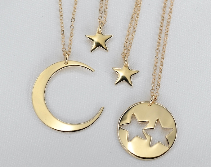 14K Gold Generations Necklace Set – Moon & Stars Necklace Set for Grandmother, Mother, and Daughter