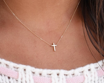 14K Gold Dainty Tiny Cross Necklace — Delicate Floating Cross Necklace
