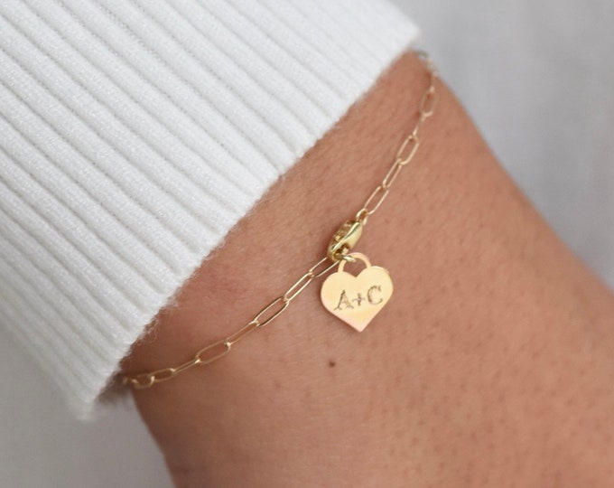 14K Gold Personalized Heart Charm Bracelet - Gold Paper Clip Chain Bracelet - 14k yellow gold. 14k white gold