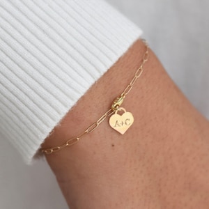 14K Gold Personalized Heart Charm Bracelet Gold Paper Clip Chain Bracelet 14k yellow gold. 14k white gold image 1