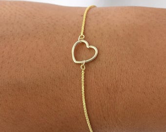 14K Solid Gold Heart Bracelet – Dainty Adjustable Heart Bracelet, 14K Gold Gift for Her