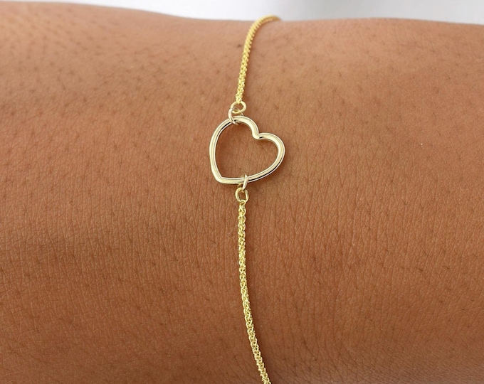 14K Solid Gold Heart Bracelet – Dainty Adjustable Heart Bracelet, 14K Gold Gift for Her