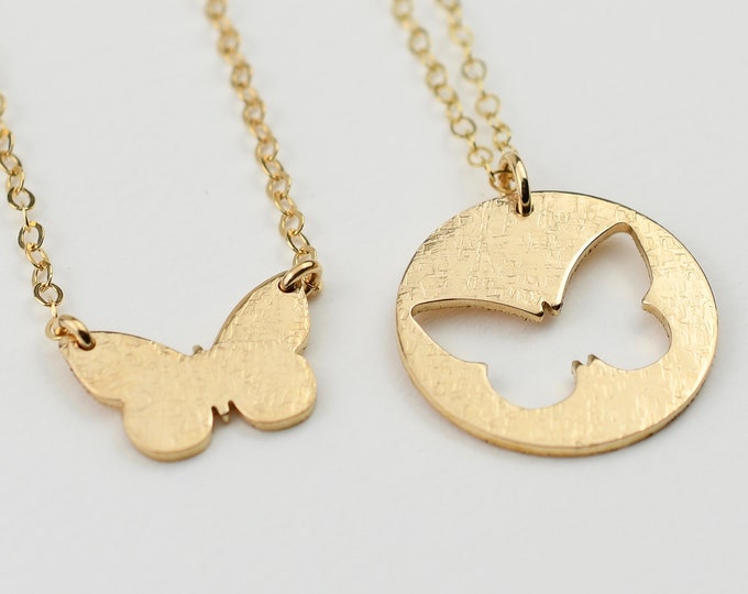 14K Gold Mother Daughter Butterfly Necklace Set,  Mother daughter gift