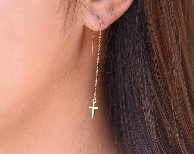 14K Gold Cross Threader Earrings