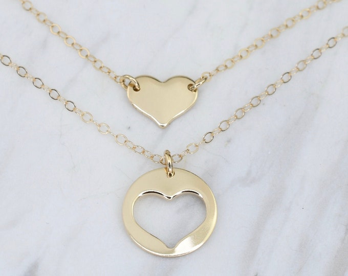 Mother Daughter Gift. Mother daughter 14K gold heart necklace set. Mother Gift.