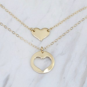 Mother Daughter Gift. Mother daughter 14K gold heart necklace set. Mother Gift.