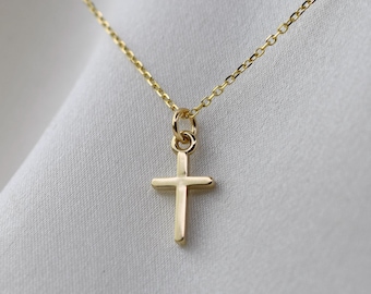14K Solid Gold Tiny Cross Necklace: Delicate Gold Chain