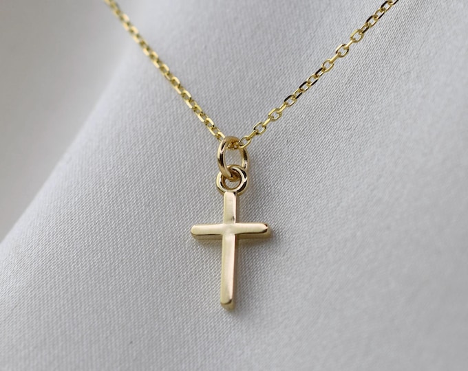 14K Solid Gold Tiny Cross Necklace. 14K Gold Small Cross Pendant. 14k Gold 0.9mm Chain.