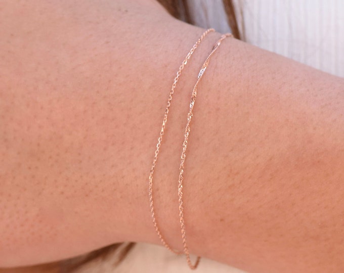 14K Rose Gold Dainty Double Chain Bracelet - 14K Solid Rose Gold Bracelet