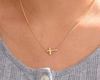 14K Solid Gold Sideways Cross Necklace: Yellow Gold Wheat Chain
