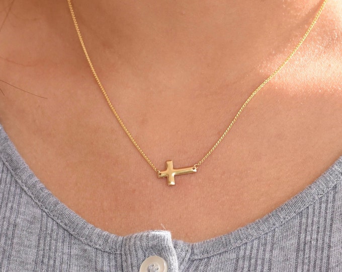 14K Gold Sideways Cross Necklace - 14K Solid Gold Cross Necklace