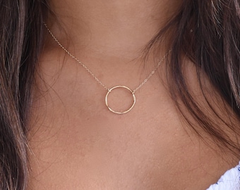 14K Solid Gold Karma Necklace, Delicate Gold Circle Pendant, Minimalist Gold Jewelry, Simple Gold Necklace, Open Circle Statement Necklace