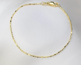 14K Gold Sparkle Bracelet - 0.9mm Alternating Cylinder and Round Bead Chain Bracelet