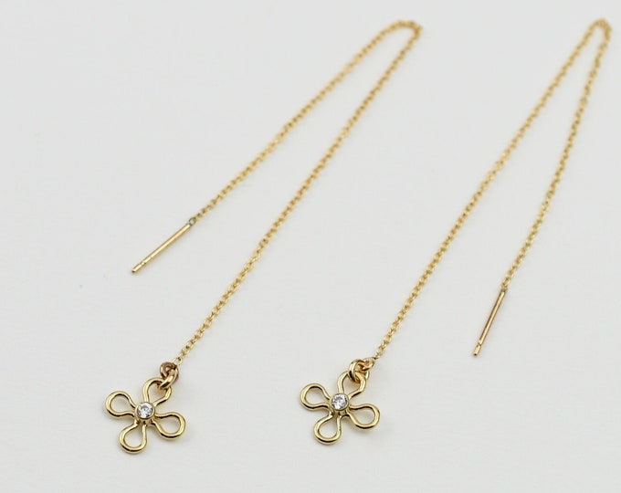 Gold Threader Tiny Flower Earrings – Delicate Gold Chain Earrings, Dainty Floral Jewelry, Minimalist Pull Through Earrings