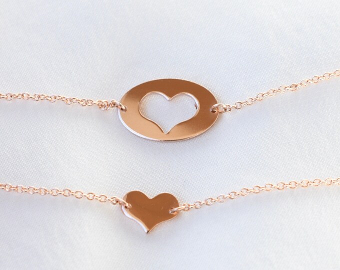 Mother Daughter 14k Rose Gold Tiny heart Bracelet set. Mother daughter gift. 14K rose gold heart bracelet . Mother Gift.