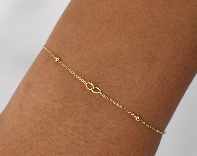 14K Gold Dainty Tiny Infinity Charm Bracelet - 14K Gold Cable Chain with Beads Bracelet - 14K Solid Gold Bracelet