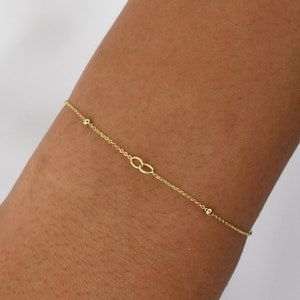 14K Gold Dainty Tiny Infinity Charm Bracelet - 14K Gold Cable Chain with Beads Bracelet - 14K Solid Gold Bracelet