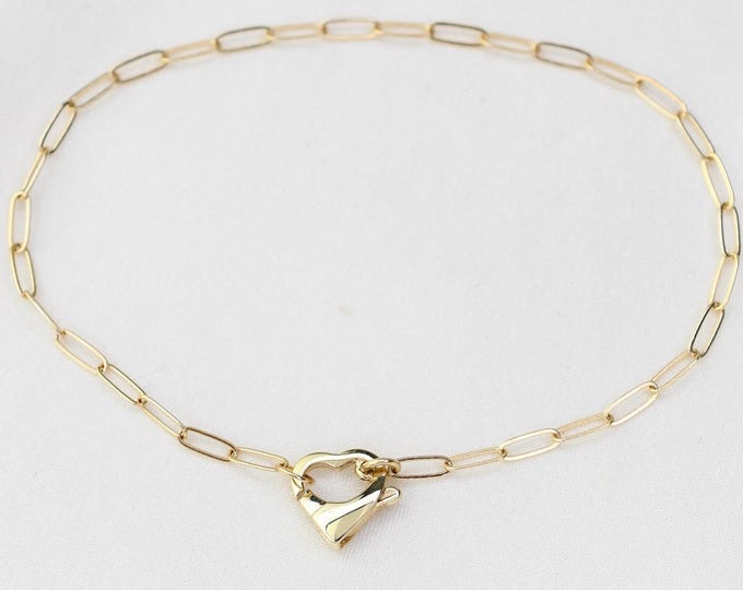 14K Gold Heart Bracelet. Solid Gold Paperclip Chain Bracelet. Dainty 14K Gold Bracelet – Heart Clasp Bracelet