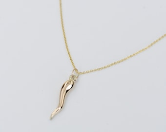 14K Gold Italian Horn Necklace - 14K Gold Adjustable Necklace