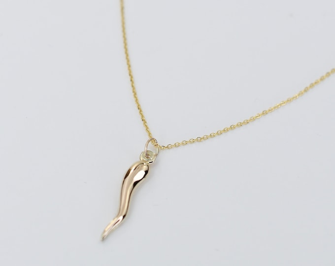 14K Gold Italian Horn Necklace - 14K Gold Adjustable Necklace