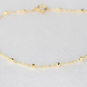 14K Gold Delicate Bracelet - 14K Gold Cable Chain with Beads Bracelet - 14K Solid Gold Bracelet