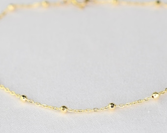 14K Solid Gold Delicate Bracelet: Beaded Cable Chain