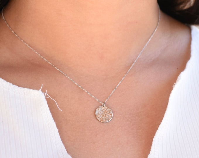 14k Solid White Gold Coin Necklace - Hammered gold disc necklace