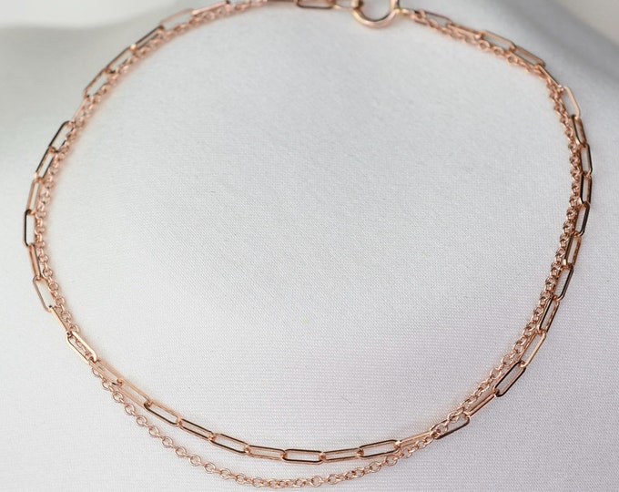 14K Rose Gold Double Chain Bracelet. 14K Rose Gold Paper Clip Chain and Cable Chain Bracelet. 14k Rose Gold Bracelet
