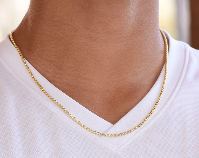 14K Gold Men's Necklace, 14K Gold 2.5mm Rounded Box Chain