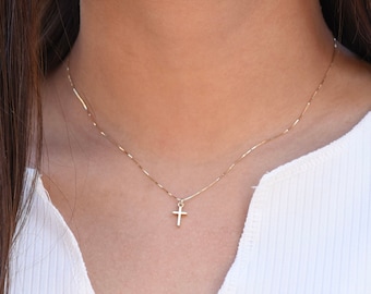 14K Solid Gold Tiny Cross Necklace: Dainty Gold Box Chain