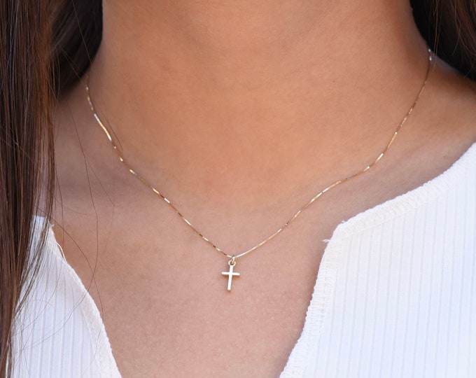 14K Solid Gold Tiny Cross Necklace. 14K Gold Small Cross Pendant. 14k Gold 0.5mm Box Chain.