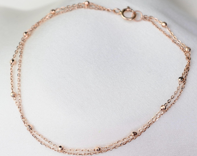 14K Rose Gold Multi Chain Bracelet - 14K Rose Gold Beads Chain Bracelet - 14K Solid Rose Gold Bracelet