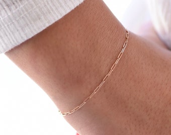 14K Rose Gold Paper Clip Chain Bracelet: Delicate 1.5mm Link