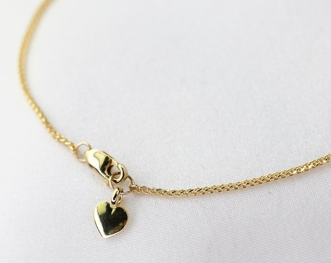 14K Gold Wheat Chain Bracelet with Tiny Heart Charm- 14K Gold Sparkly Chain Bracelet