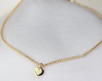14K Gold Wheat Chain Bracelet: Tiny Heart Charm, Delicate Jewelry