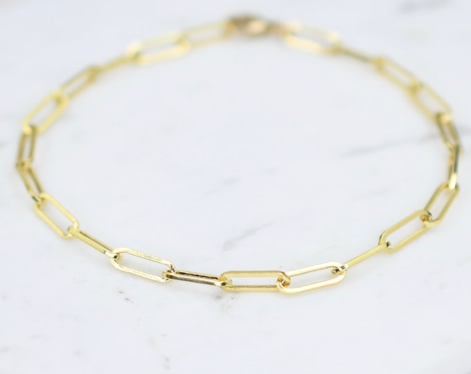 14K Gold Paper Clip Chain Bracelet, 14K gold Long Link Chain Bracelet