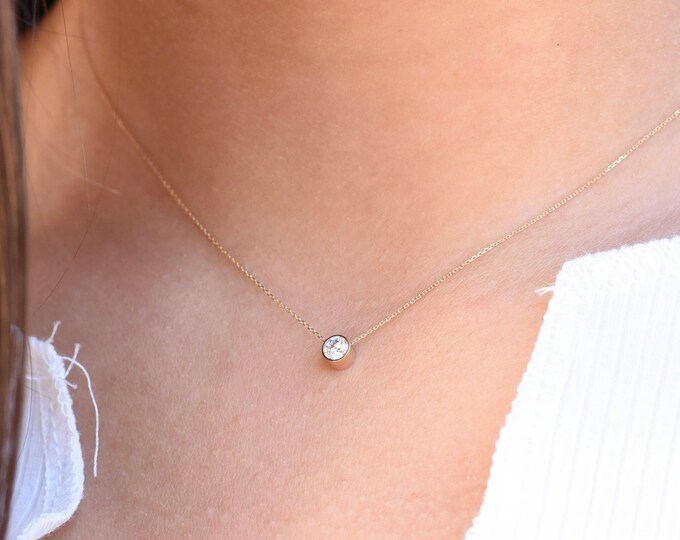14k Gold CZ necklace, April birthstone, Floating CZ necklace,