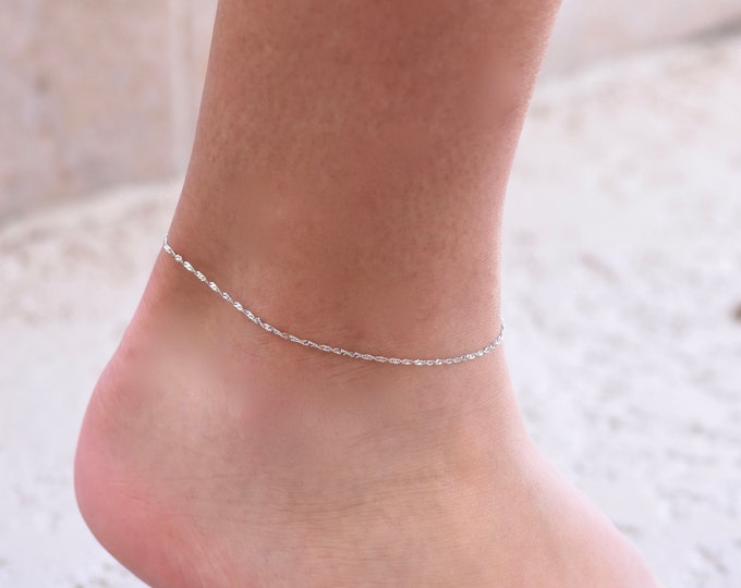 14K Solid  White Gold Delicate Anklet - 14K White Gold Chain Anklet