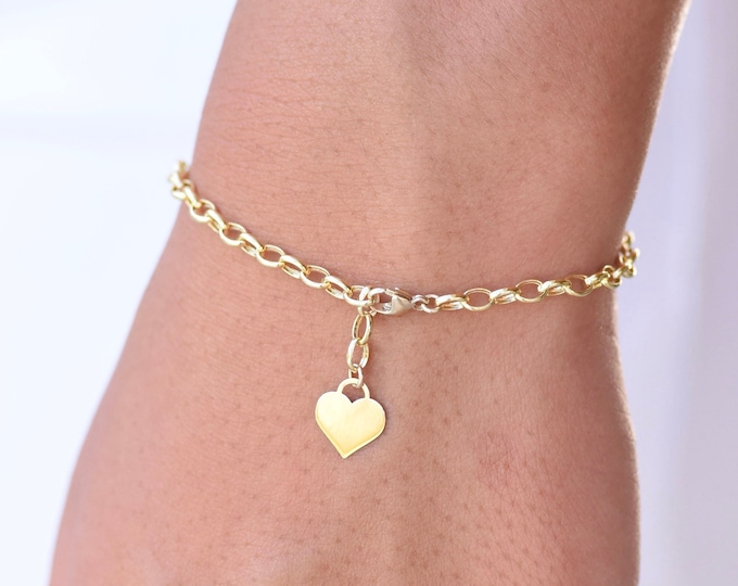 14K Gold Heart Bracelet. 14K Gold Rolo Chain Bracelet