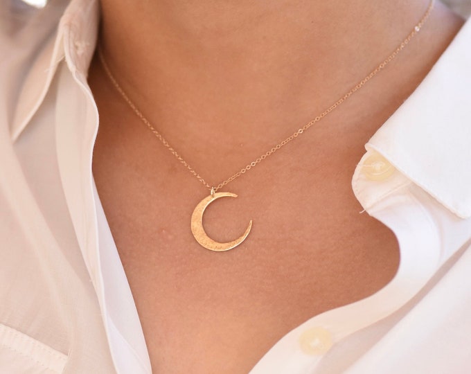 14k Solid Gold Moon Necklace - Hammered gold moon necklace