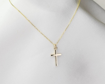 14K Gold Small Cross Necklace. 14K Gold Simple Cross Necklace