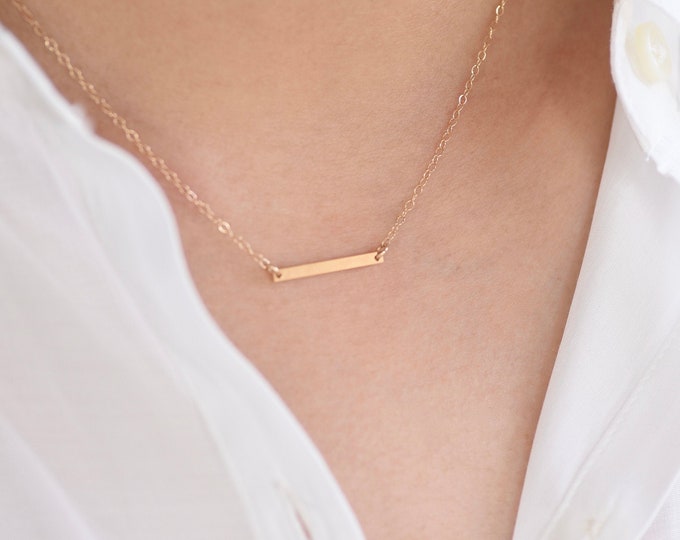14K solid gold bar necklace. 14K gold thin bar delicate necklace. Dainty necklace